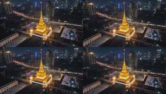 上海展览中心夜景航拍高清在线视频素材下载