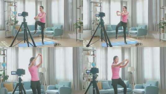 女人别墅客厅瑜伽身影健康生活自拍高清在线视频素材下载
