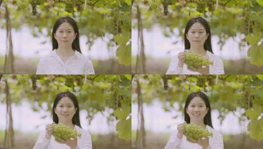 年轻女子果园里举起刚采摘葡萄对着镜头微笑高清在线视频素材下载