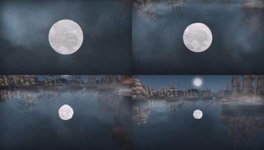 夜景海面月亮战船三维素材高清在线视频素材下载