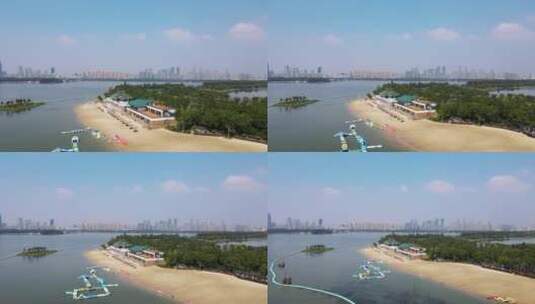 航拍武汉东湖沙滩浴场自然风光高清在线视频素材下载
