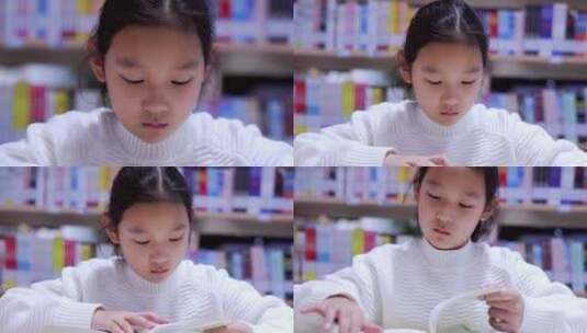 4K升格实拍站在图书馆书架旁看书的女孩竖屏高清在线视频素材下载