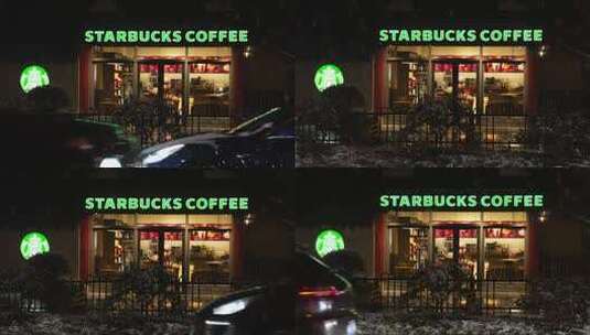 慢动作拍摄下雪天的星巴克咖啡店汽车驶过高清在线视频素材下载