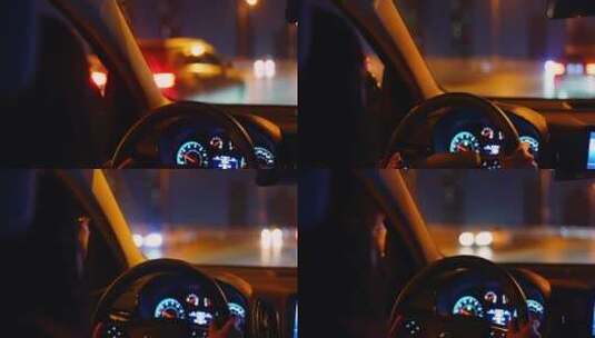 女士夜间开车车内视角4K高清在线视频素材下载