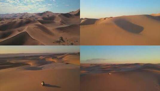 夕阳西下航拍沙漠中行驶的SUV汽车行驶高清在线视频素材下载