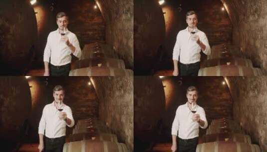 男人在酒窖里品酒高清在线视频素材下载