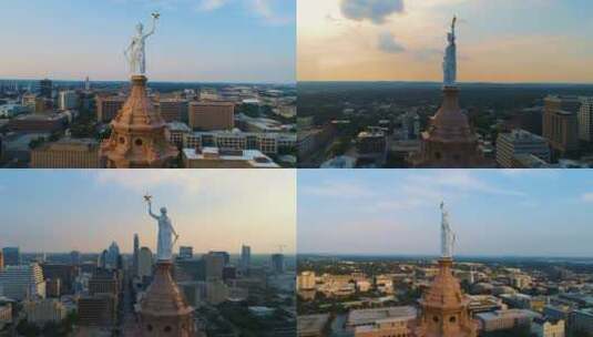 无人机在奥斯汀附近飞行。自由女神雕像——全面飞越。德克萨斯州议会大厦高清在线视频素材下载