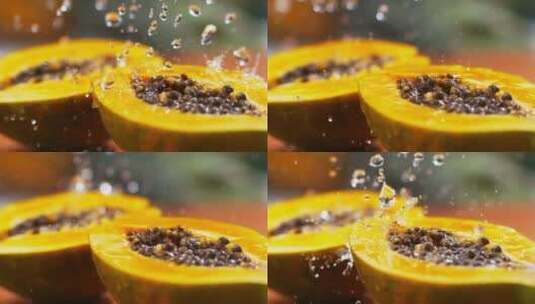 水落在木瓜上 木瓜慢镜头 木瓜拍摄高清在线视频素材下载