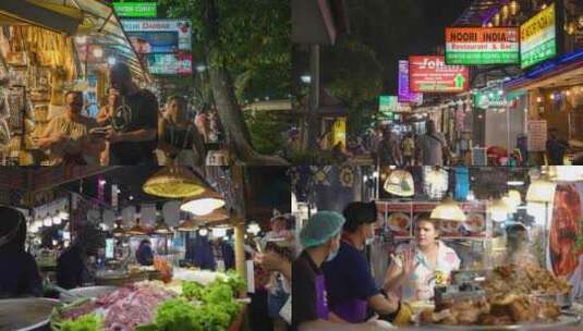 泰国街道夜市小吃街延时摄影高清在线视频素材下载