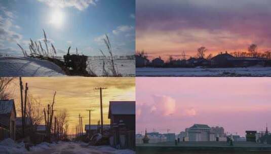 4k东北寒冷雪季晚霞乡村风景延时摄影高清在线视频素材下载