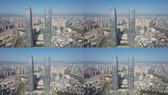 云南昆明双塔地标建筑航拍高清在线视频素材下载