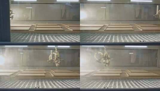 机器喷涂在工厂玻璃后面的木头上高清在线视频素材下载