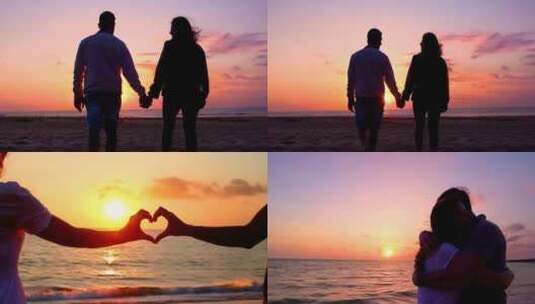 夕阳西下一对情侣在海边散步拥抱比心ai素高清在线视频素材下载