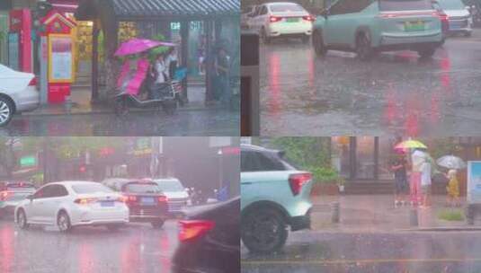 城市下暴雨下雨天雨季汽车人流街道街头街景高清在线视频素材下载