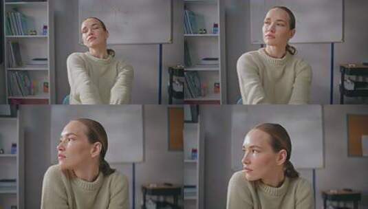 疲劳的女人老师伸展在工作场所特写女士感觉高清在线视频素材下载