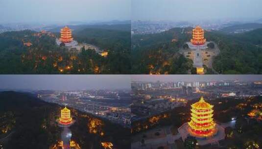 绵阳市富乐山夜景航拍绵阳古建筑塔夜景环绕高清在线视频素材下载