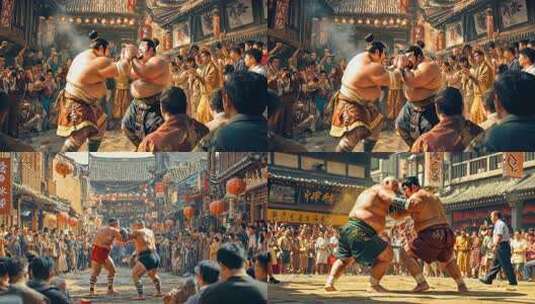 相扑对决力士激战 古街闹市竞技风采相扑力高清在线视频素材下载