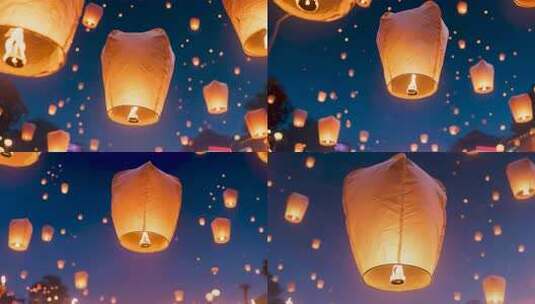 夜空中放飞的孔明灯高清在线视频素材下载