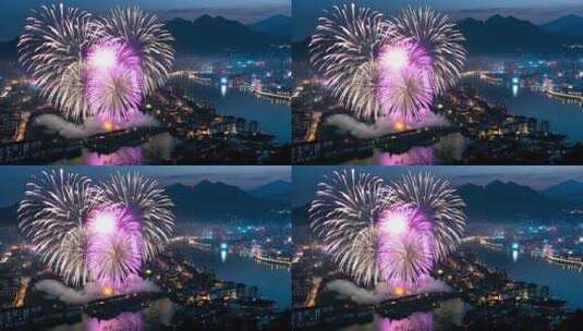 城市湖畔烟花与远山夜景高清在线视频素材下载