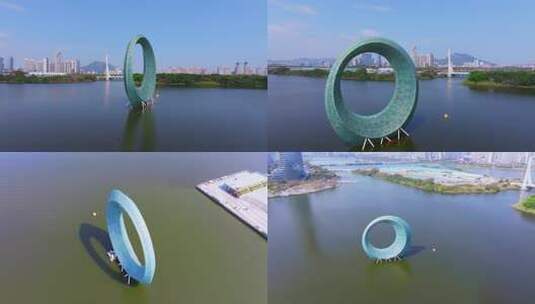 集美园博苑月光环湖畔圆环雕塑与城市景观高清在线视频素材下载