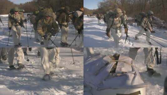士兵排成两队在雪地里行走高清在线视频素材下载