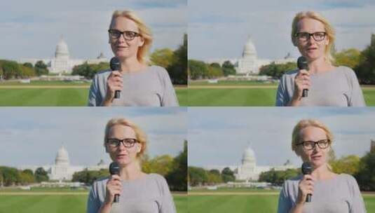 美国国会大厦前的女记者高清在线视频素材下载