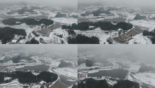 航拍南方丘陵农田乡村冬天雪景高清在线视频素材下载