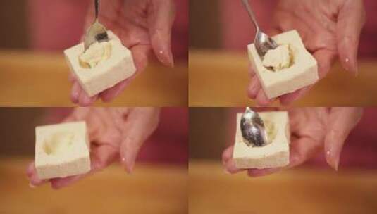 厨师切豆腐制作酿豆腐块高清在线视频素材下载