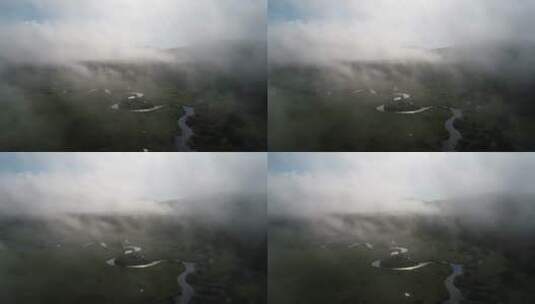航拍呼伦贝尔林区哈乌尔河云雾高清在线视频素材下载
