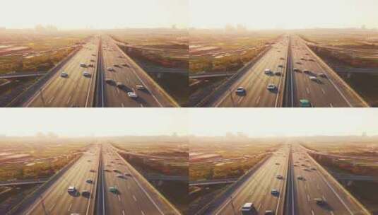 航拍夕阳下杭州萧山机场城市大道高清在线视频素材下载