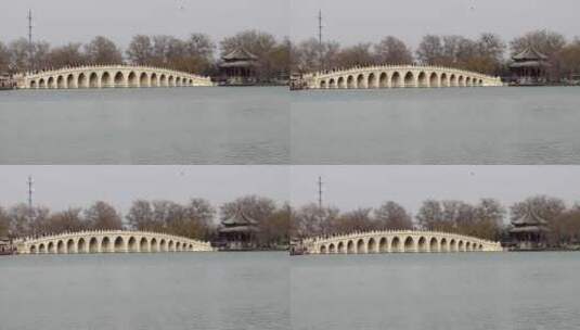 北京颐和园西堤看十七孔桥和廓如亭高清在线视频素材下载