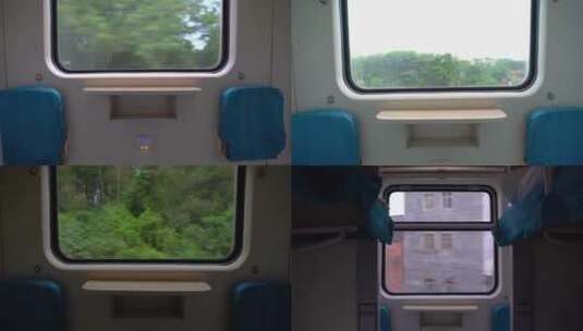 透过火车卧铺旁走道上的车窗看窗外风景高清在线视频素材下载