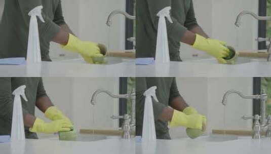 男人清洗餐具慢镜头特写高清在线视频素材下载