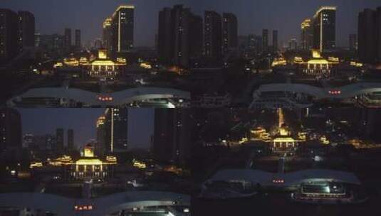 夜晚航拍南京长江边下关码头城市灯光高清在线视频素材下载