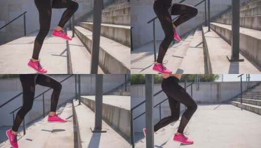 运动女性快速跑步上楼梯高清在线视频素材下载
