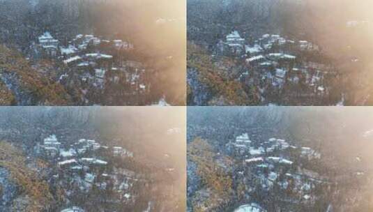航拍冬天暖阳照耀下的白雪覆盖的村庄高清在线视频素材下载