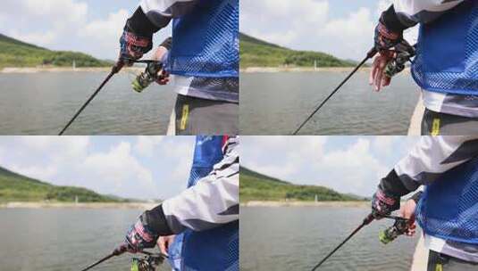 钓鱼鱼竿河渔线轮实景拍摄高清在线视频素材下载