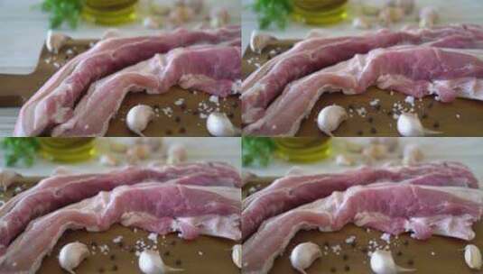 菜板上的新鲜生五花肉高清在线视频素材下载