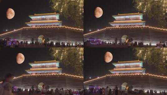 延时古城正定长乐门城楼重阳节月亮升起来高清在线视频素材下载