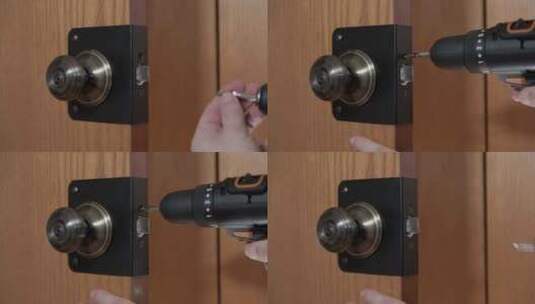 维修破门更换门把手特写镜头高清在线视频素材下载