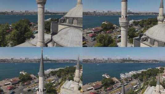 航拍沿海城镇和清真寺尖塔高清在线视频素材下载
