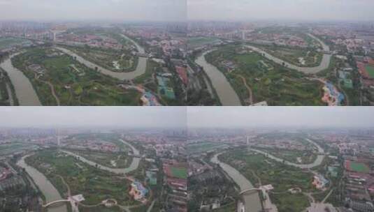 河北沧州南运河百狮公园航拍高清在线视频素材下载