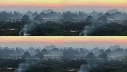 桂林风光傍晚时刻的炊烟袅袅高清在线视频素材下载