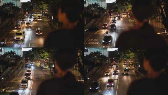 女性青年站在公路天桥上看夜景人物背影车流高清在线视频素材下载
