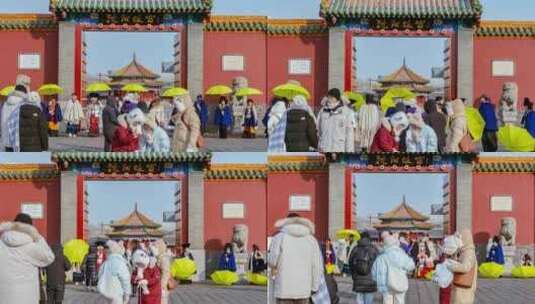 沈阳旅游故宫正门大政殿游人拍照高清在线视频素材下载