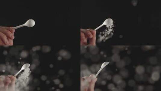 从勺子倒出白糖食盐调料慢动作高清在线视频素材下载