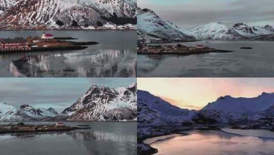 4K航拍北欧挪威罗弗敦群岛雪景风光高清在线视频素材下载