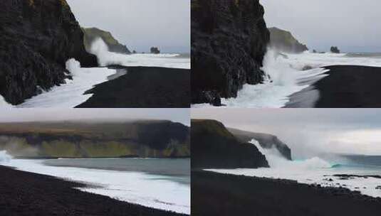 美丽黑沙滩海岸海浪空镜高清在线视频素材下载