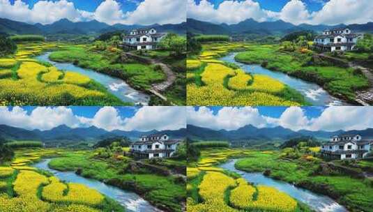 春天乡村油菜花河流村庄自然风景乡村振兴高清在线视频素材下载