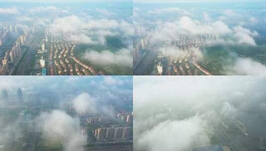 航拍枣庄新城金牛岭下的云雾和凤鸣湖云雾高清在线视频素材下载